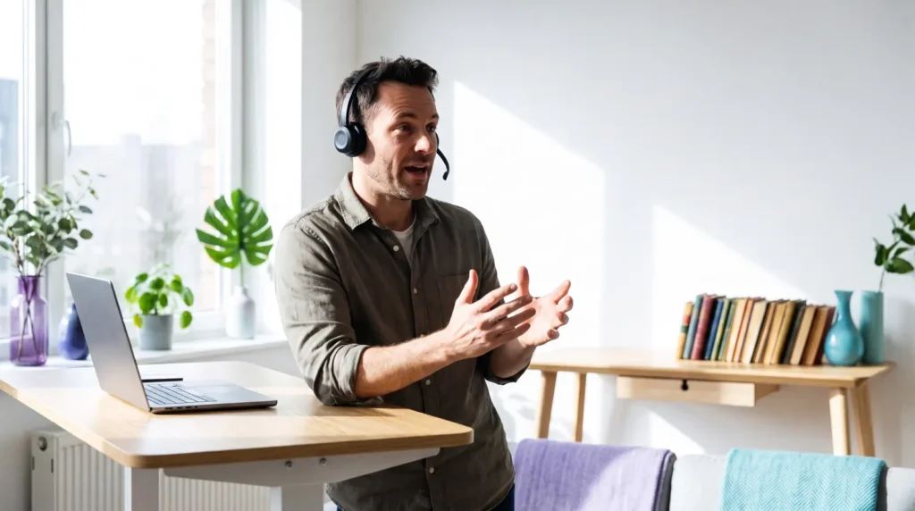 Berufstätiger am Stehpult im Live-Online-Unterricht