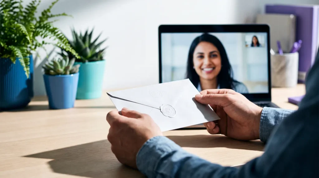 Hände halten einen Brief zur Förderung, im Hintergrund eine Beraterin im Videocall