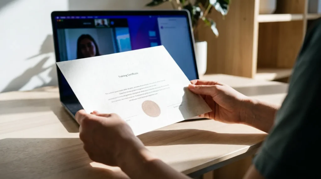 Hände halten ein Weiterbildungszertifikat, im Hintergrund ein Laptop mit Videocall