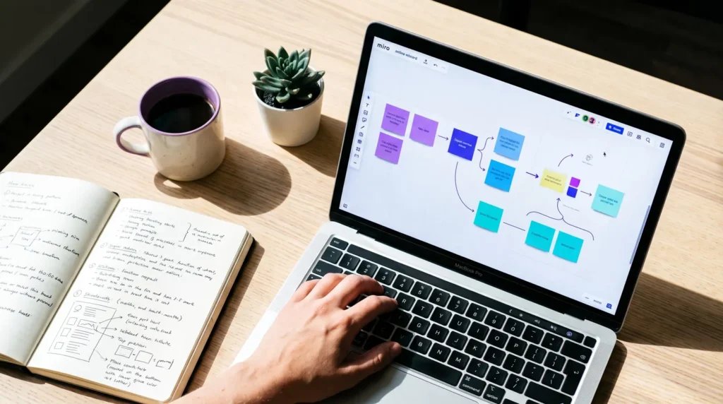 Schreibtisch von oben mit Notizbuch, Tasse und digitalem Whiteboard auf dem Laptop