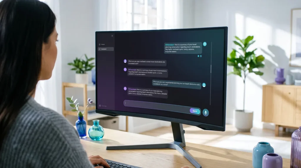 Blick über die Schulter auf einen KI-Assistenten am Bildschirm im Homeoffice