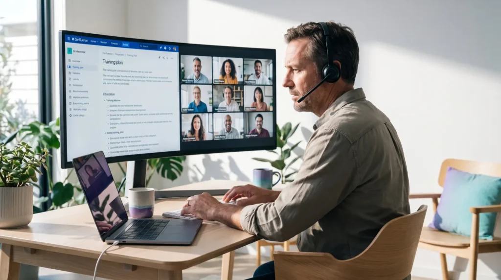Beschäftigter im Online-Training mit Team-Galerie auf dem Monitor