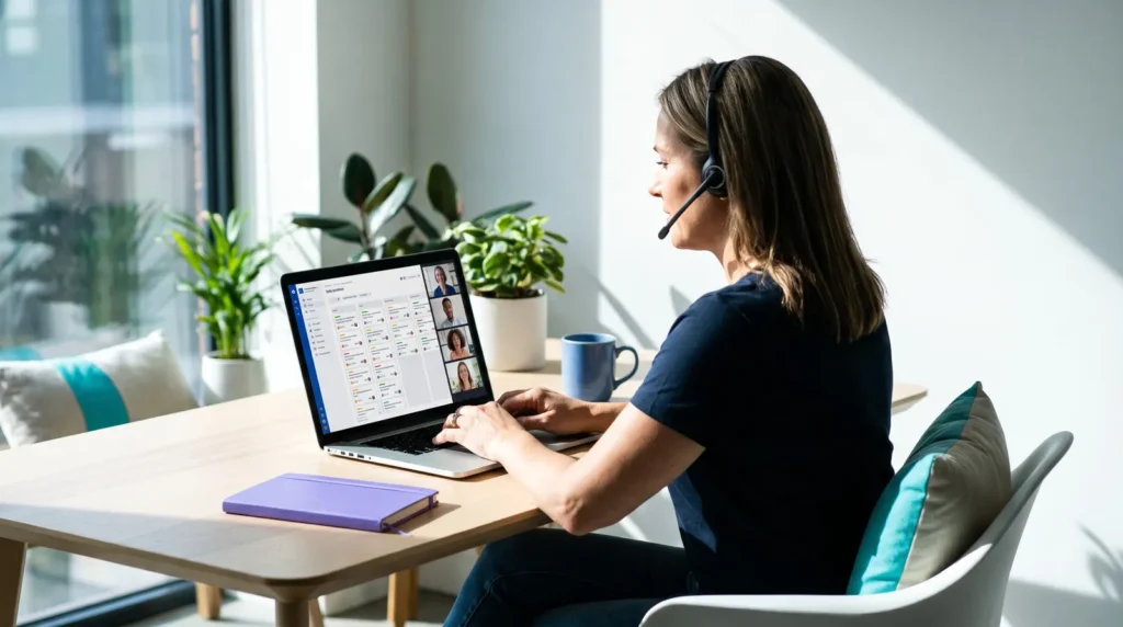 Dozentin für Scrum im Live-Unterricht mit Kanban-Board