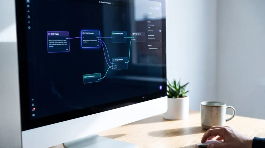 Automatisierungs-Workflow mit KI-Schritten auf dem Monitor