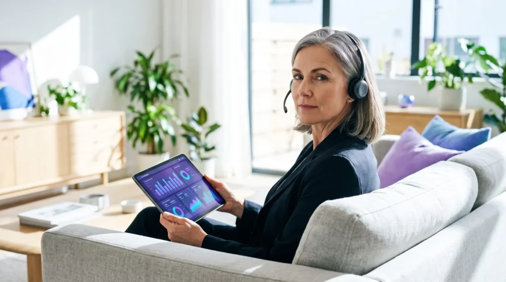 Frau auf dem Sofa mit Tablet und KI-Dashboard im Online-Kurs