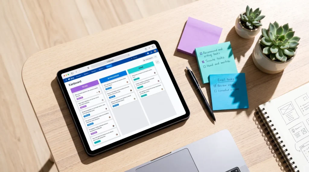 Tablet mit Kanban-Board, daneben Haftnotizen und Stift