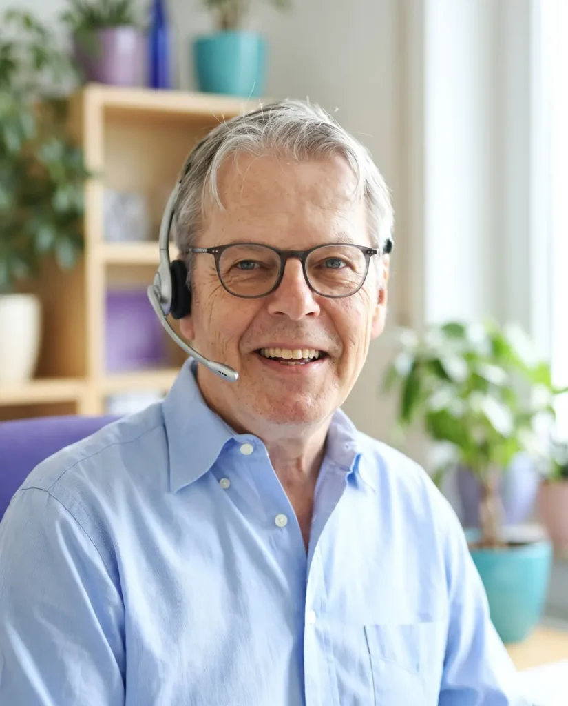 Jörg Fischer mit Headset in der persönlichen Beratung